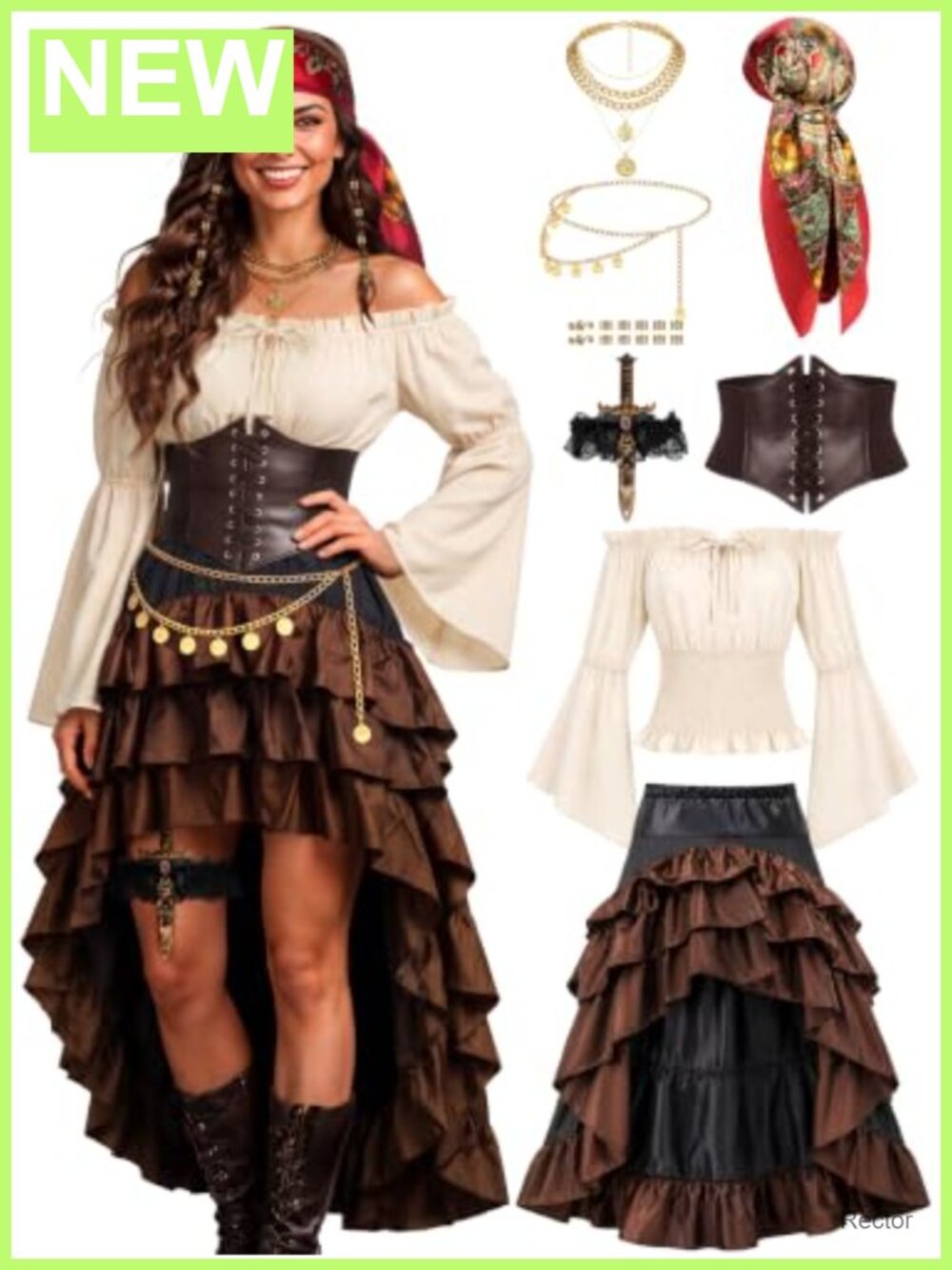 Pirate Costume Women 8 Piece Renaissance Shirt Dress Corset Belt Cosplay Set
